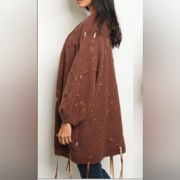 NWT Style Rack Chestnut Wool Blend Ribbon Accents Cardigan Sweater Women's L* - Picture 2 of 9